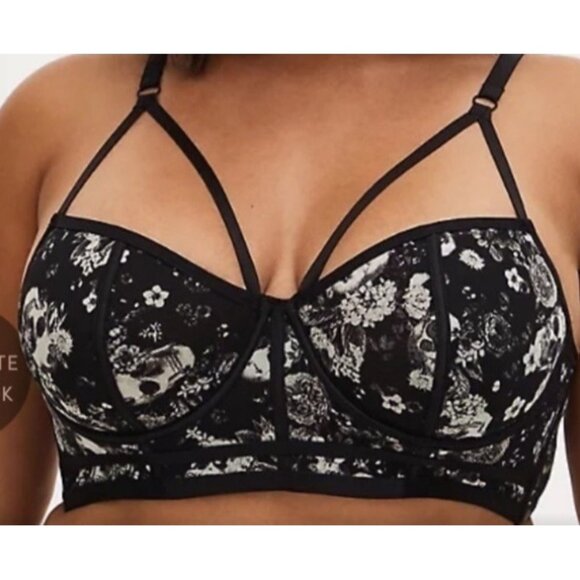 Torrid Curves 00 Bra Black Semi Sheer Skulls Goth Halloween Strappy - Picture 1 of 7